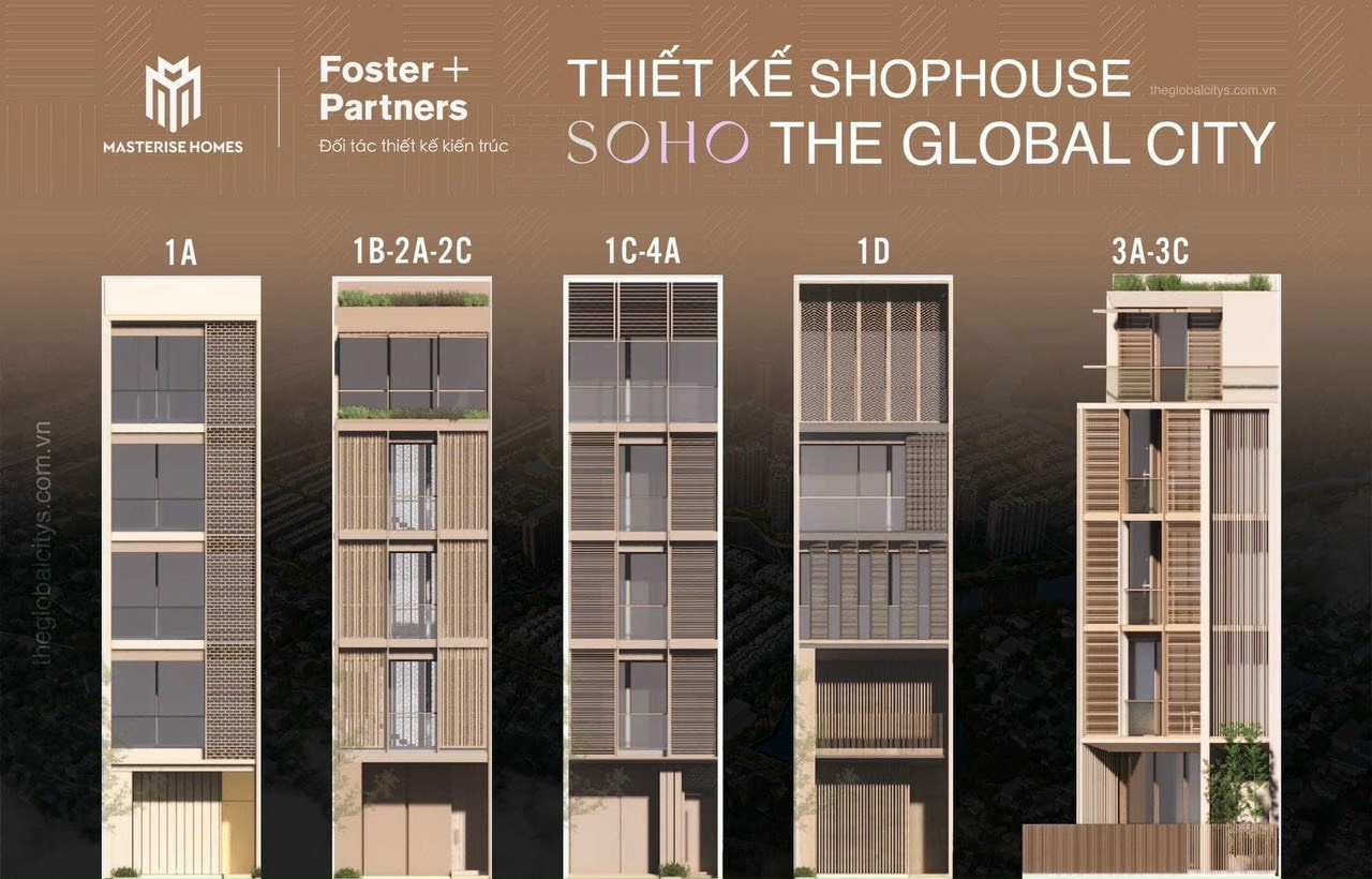 Thiết kế mặt trước các mẫu shophouse phân khu SOHO dự án The Global City